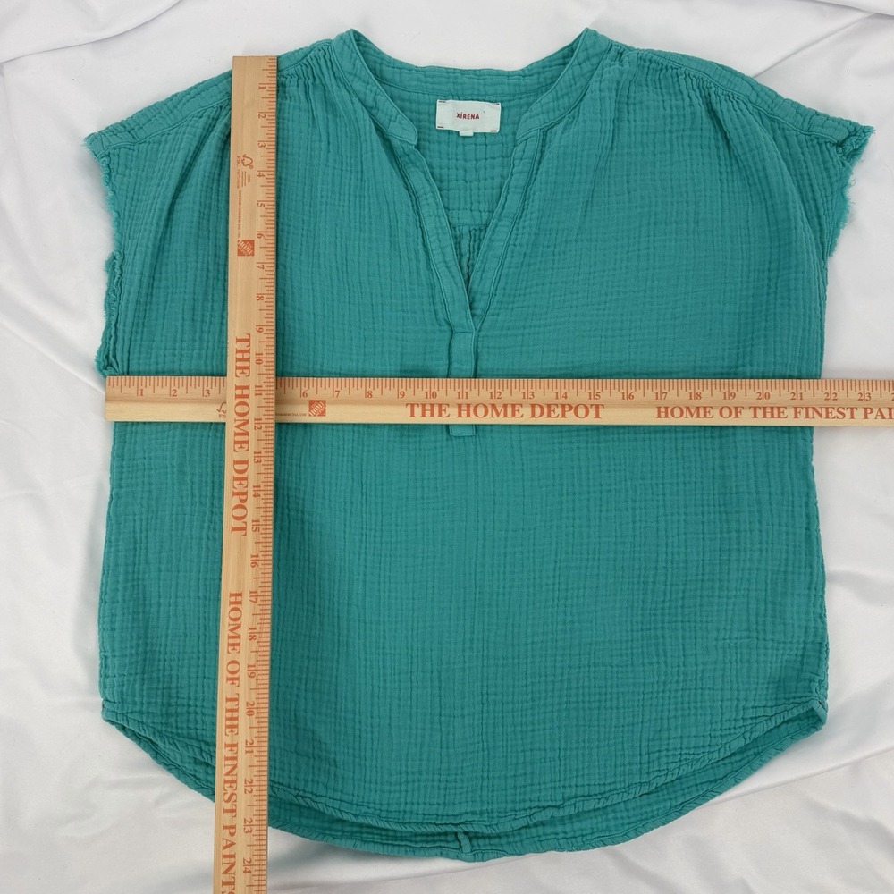 Xirena Sz M Teal V Neck‎ Short Sleeve Top Popover Cotton Gauze Cap Sleeve Blouse - Picture 7 of 7